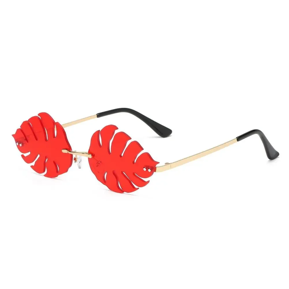Red Monstera Leaf Rimless Sunglasses Festival Rave
